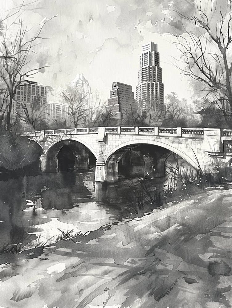 Congress Avenue Bridge Austin Texas Black And White Watercolour 2