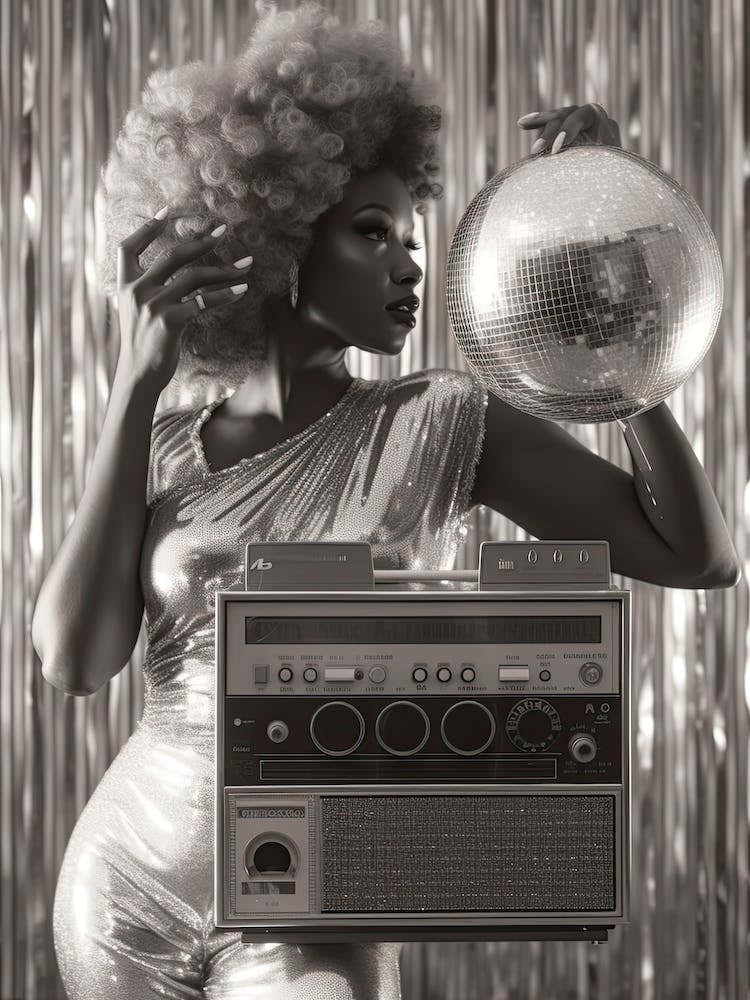 Black And White Woman With A Disco Ball And Boombox 2