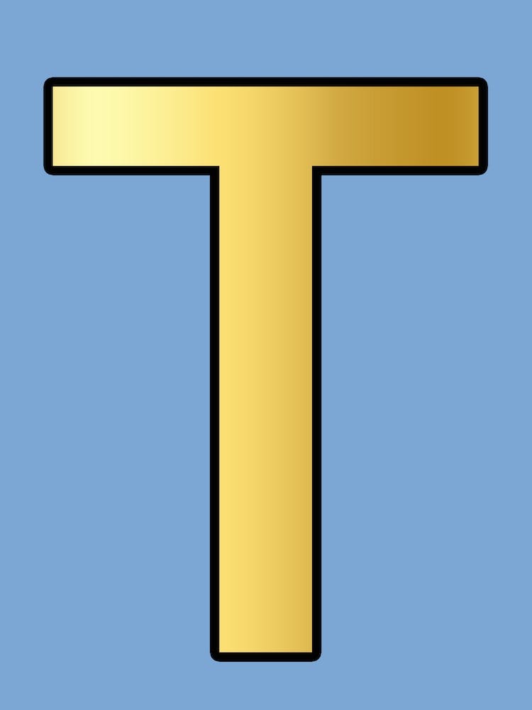 Letter T Gold Alphabet Light Blue