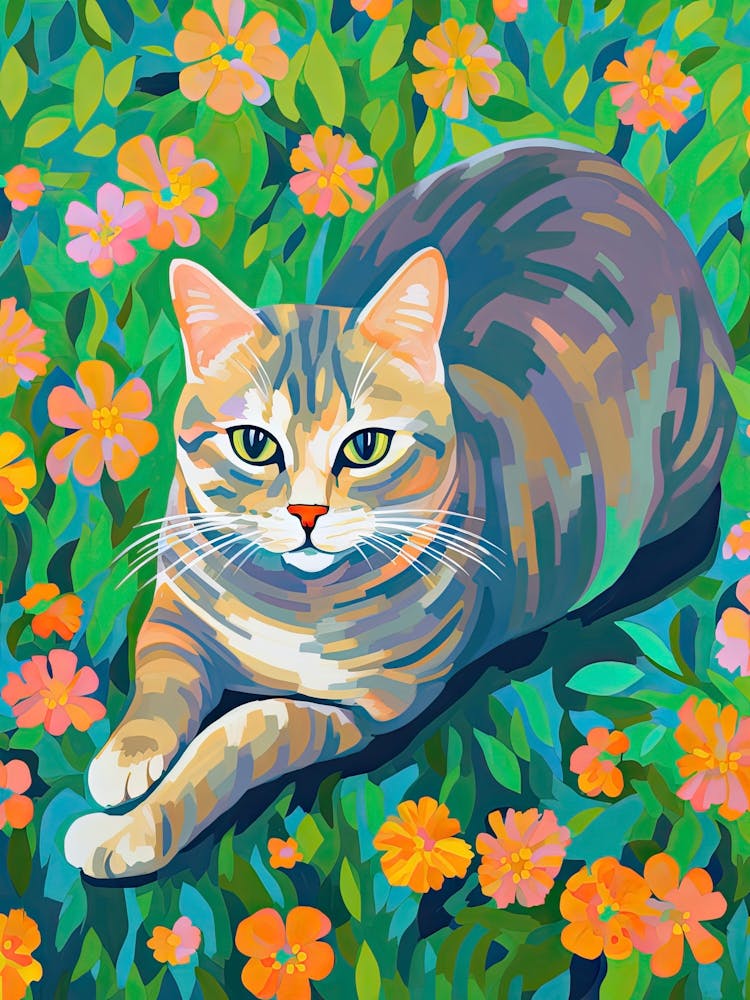 Cat Chilling With Flowers Oil Painting