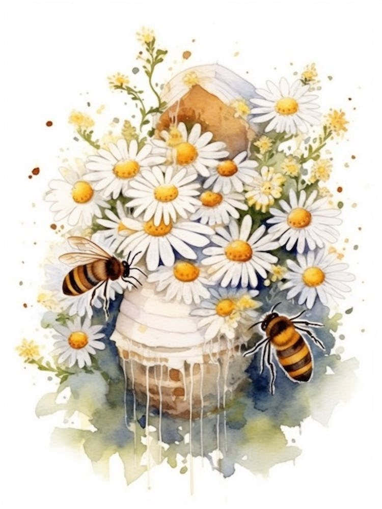 Beehive With Daisies Watercolour Illustration 2