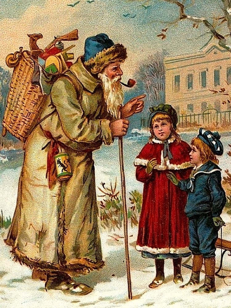 Old Santa Claus With Toys Meet Two Kids