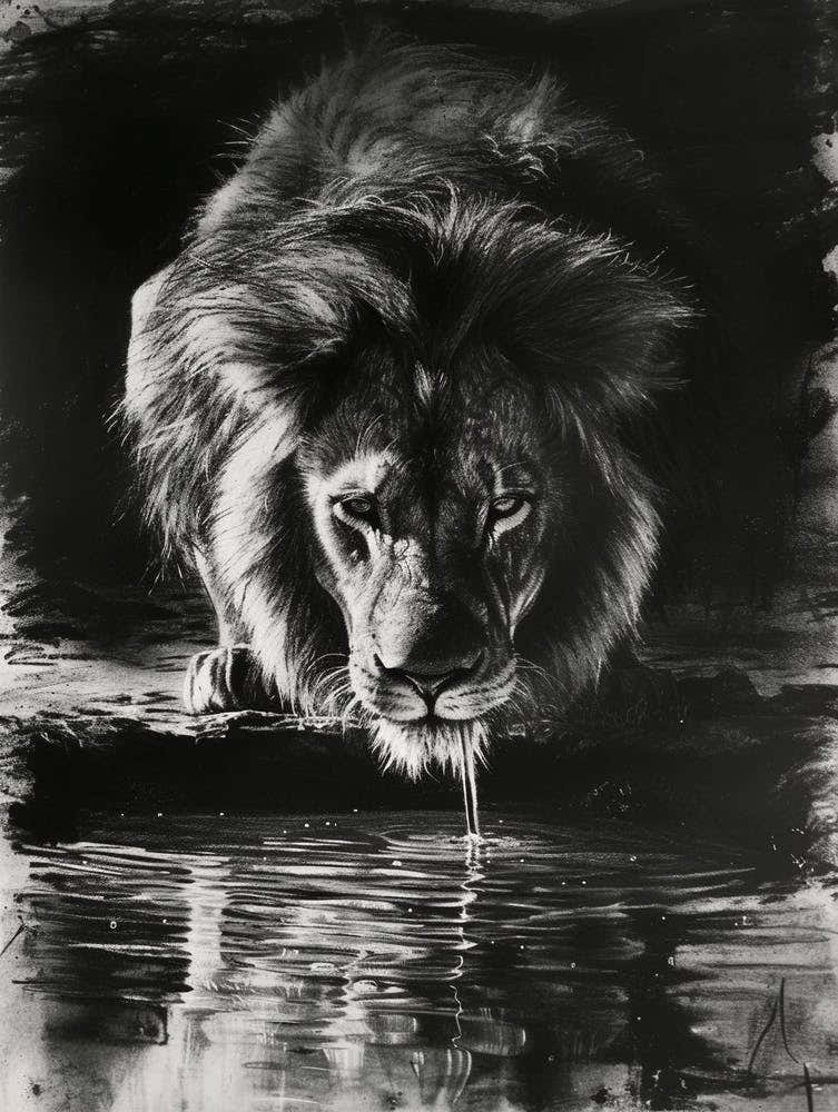 Barbary Lion Charcoal Drawing Drinking 3