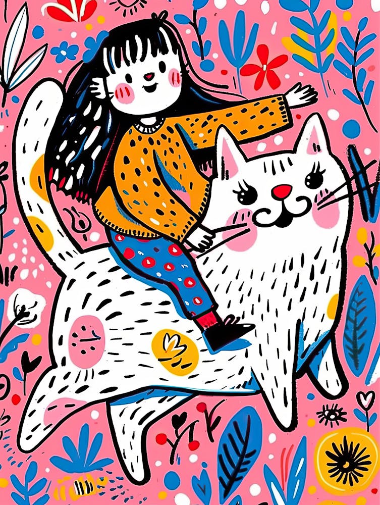 Girl Riding A Cat |Children's prints & kids posters 1