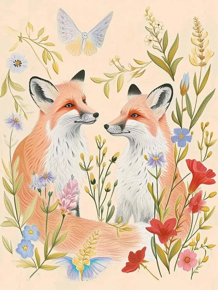 Folksy Floral Animal Drawing Fox 9