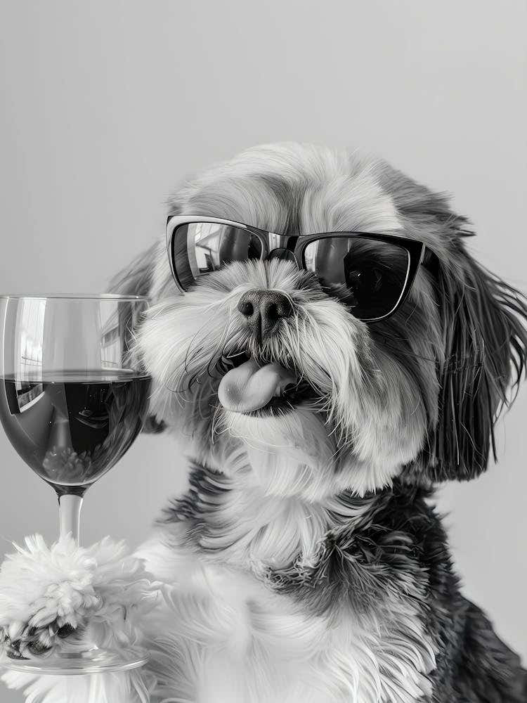 Shih Tzu And Wine Wall Art, Black And White Print, Shih Tszu Gift, Alcohol Print, Bar Cart Art, Funny Dog Poster, Kitchen Wall Decor(1)