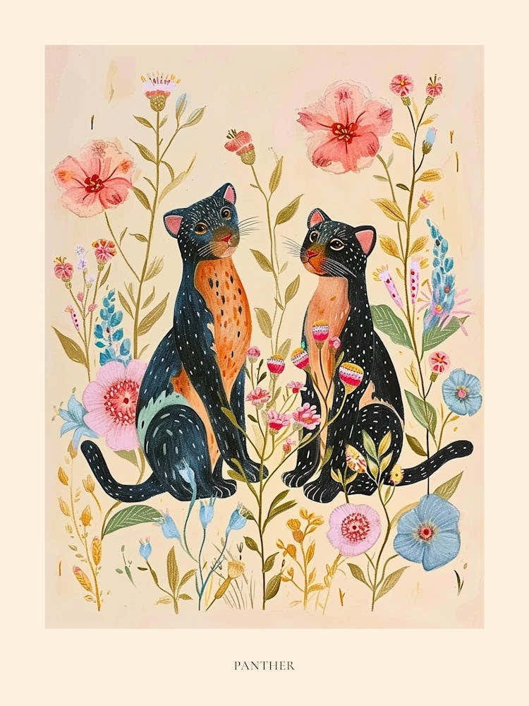 Folksy Floral Animal Drawing Panther Poster