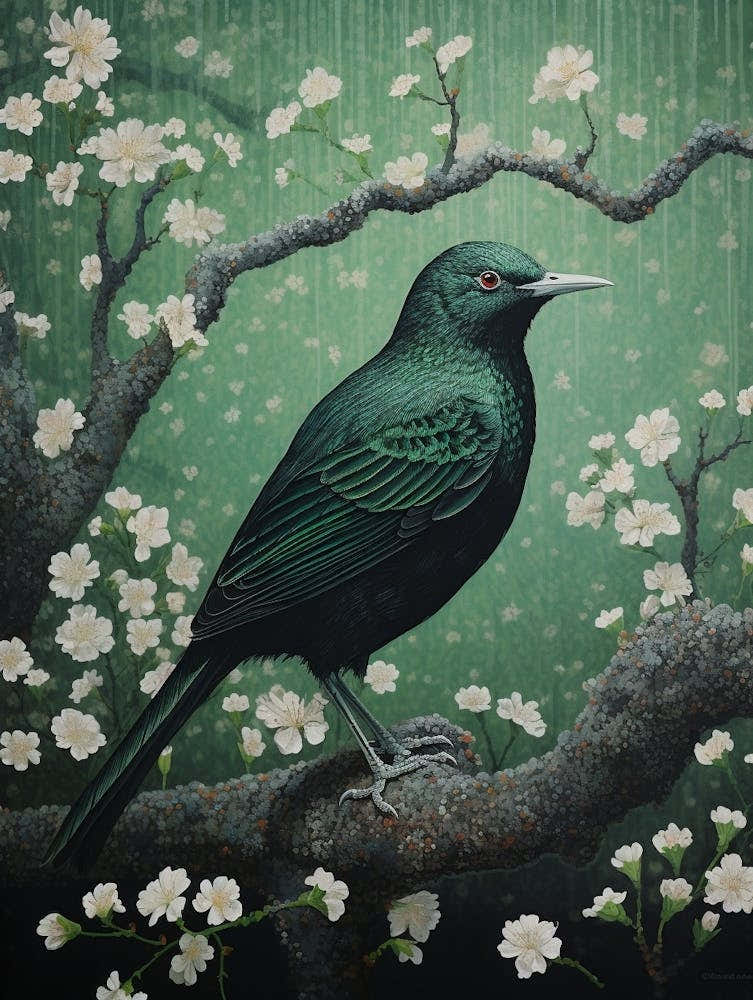 Ohara Koson Inspired Bird Painting Blackbird 3