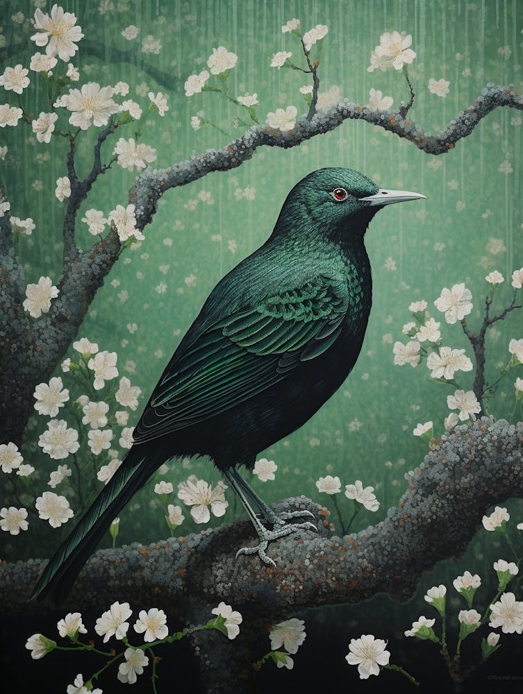 Ohara Koson Inspired Bird Painting Blackbird 3