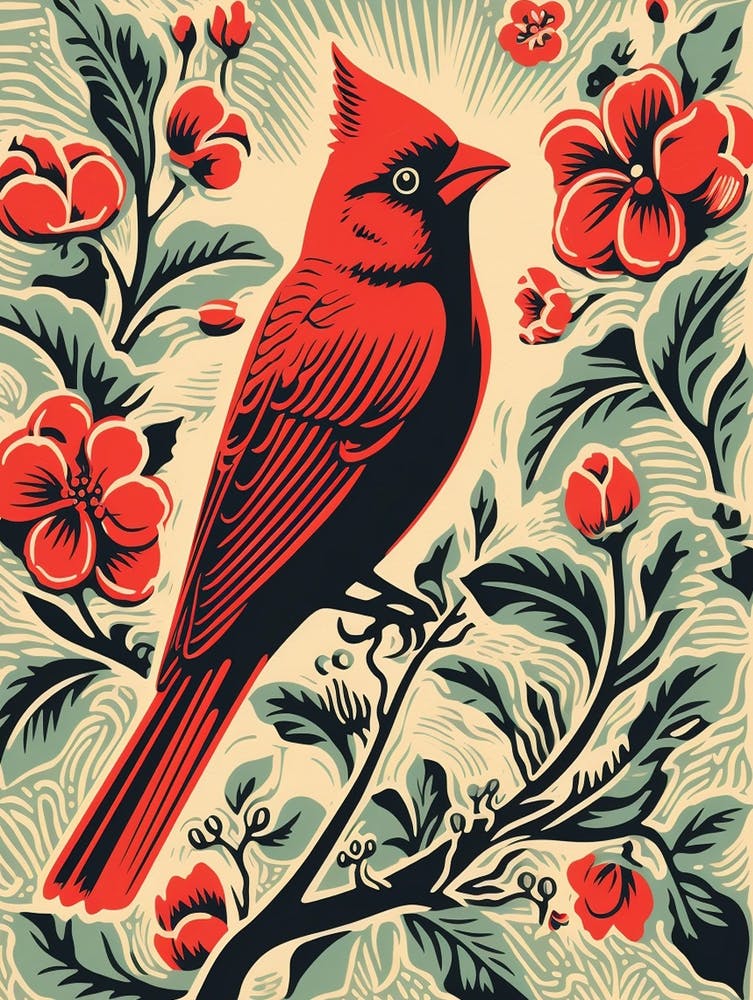 Vintage Bird Linocut Cardinal 4