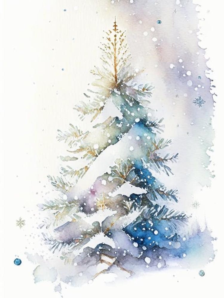 Snowfalkes By Christmas Tree, Snowflakes, Storybook Watercolours 3