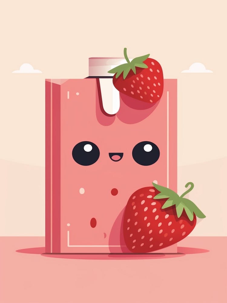 Strawberry Juice Box With A Cat Kawaii Illustration 2