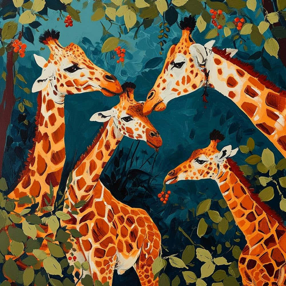 Giraffes Amongst The Leaves Acrylic Style Painting 1