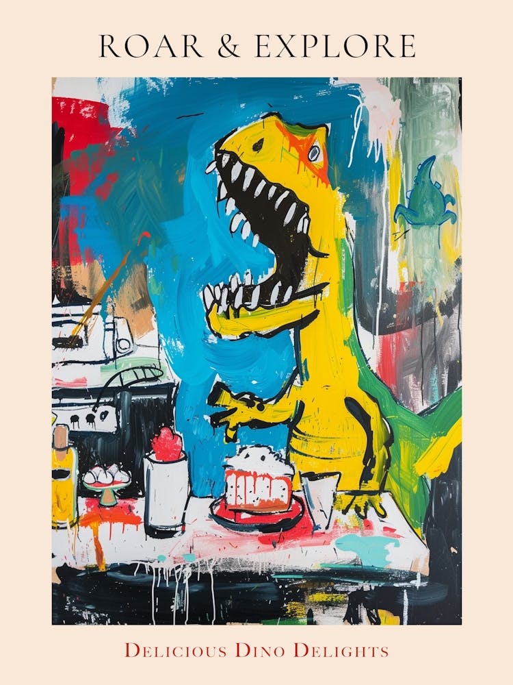 Wild Brushstroke Dinosaur Baking A Cake 2 Poster