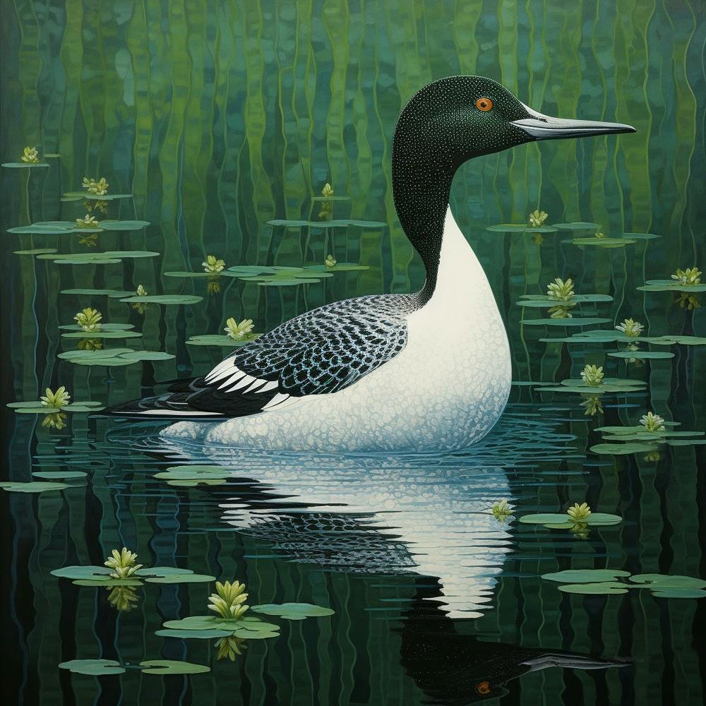 Ohara Koson Inspired Bird Painting Common Loon 3 Square