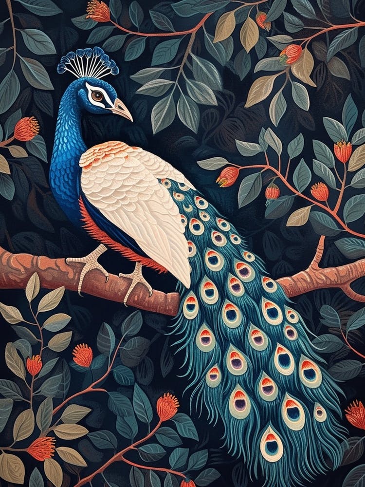 Folky Floral Peacock On A Tree Branch 1