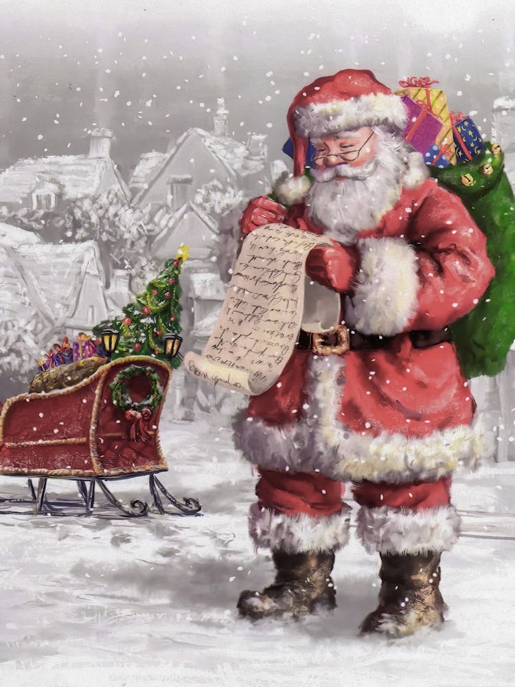 Santa Claus Reading Letter Vintage Art
