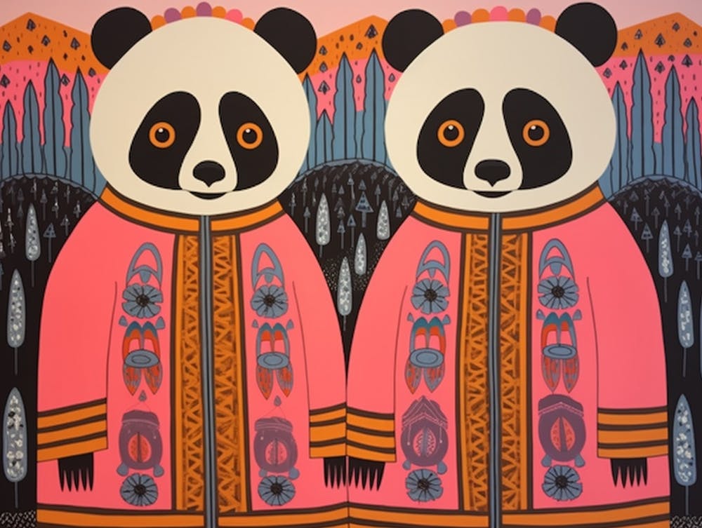 Panda 2 Folk Style Animal Illustration