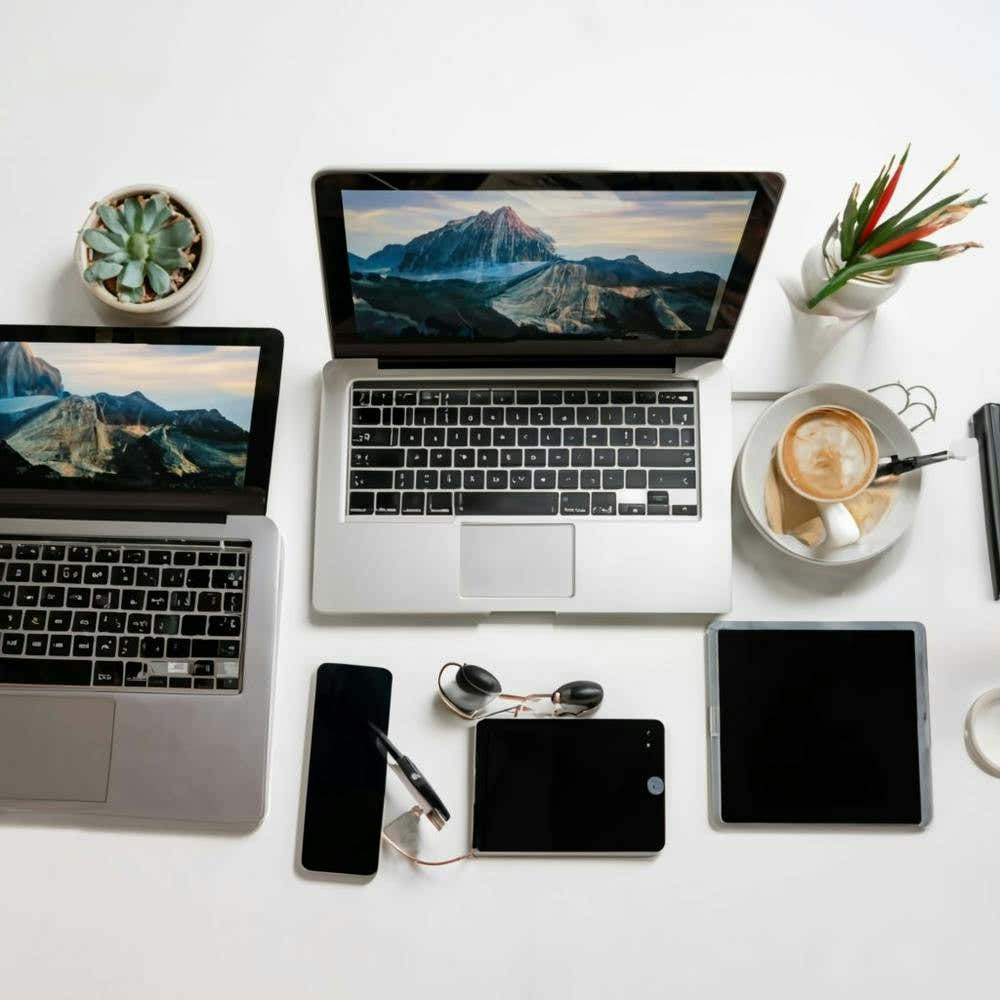 A collection of modern and stylish technology devices, such as laptops, smartphones, and tablets, arranged in a sleek and organized workspace. These images are commonly used in marketing, technology, and business-related projects to convey innovation and