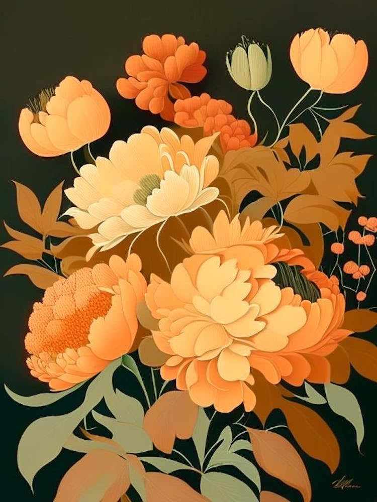 Cut Flowers Of Peonies Orange 3 Vintage Sketch