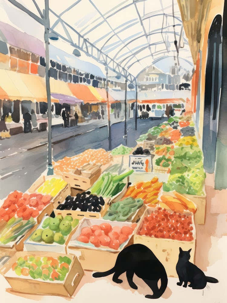 Food Market With Cats In London 3 Watercolour