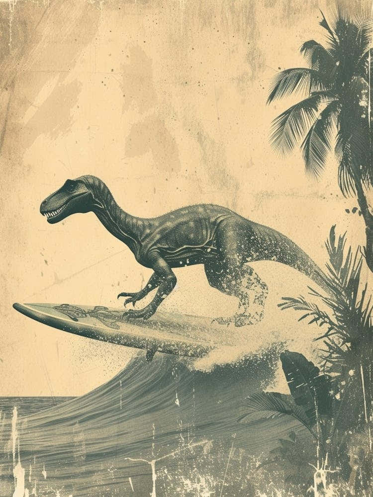 Vintage Iguanodon Dinosaur On A Surf Board  2