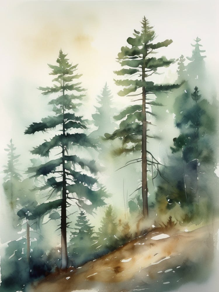 Appalachian Mountains of Misty Pines Watercolor Print of Evergreen Forest..127