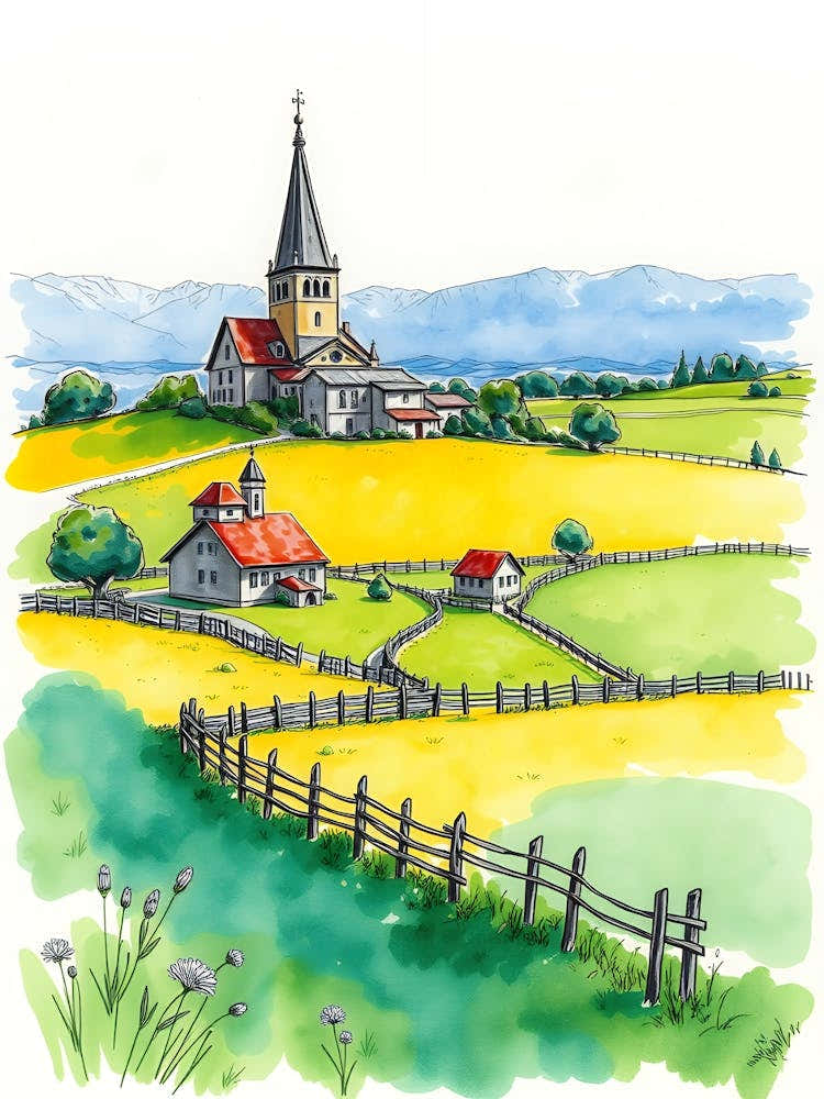 Watercolor Of A Farm