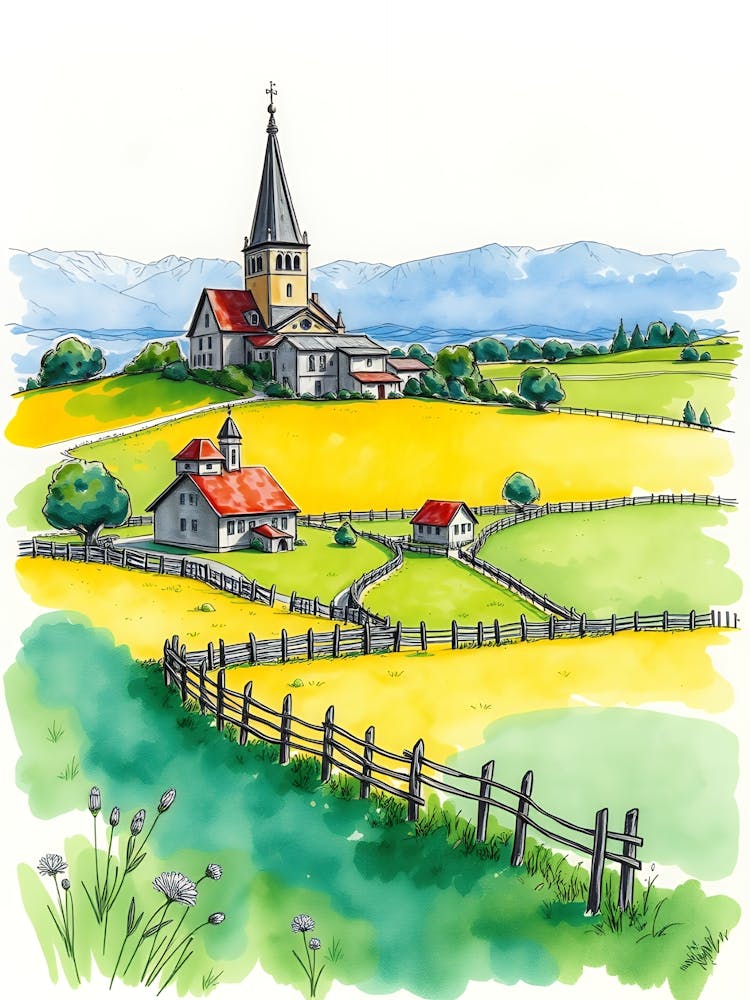 Watercolor Of A Farm