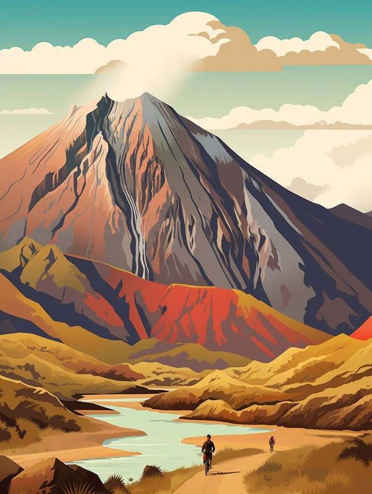 Tongariro Alpine Crossing New Zealand 2 Vintage Travel Illustration