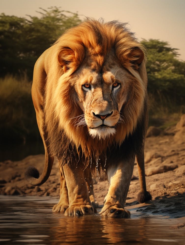 African Lion Drinking From A Stream Realistic 7