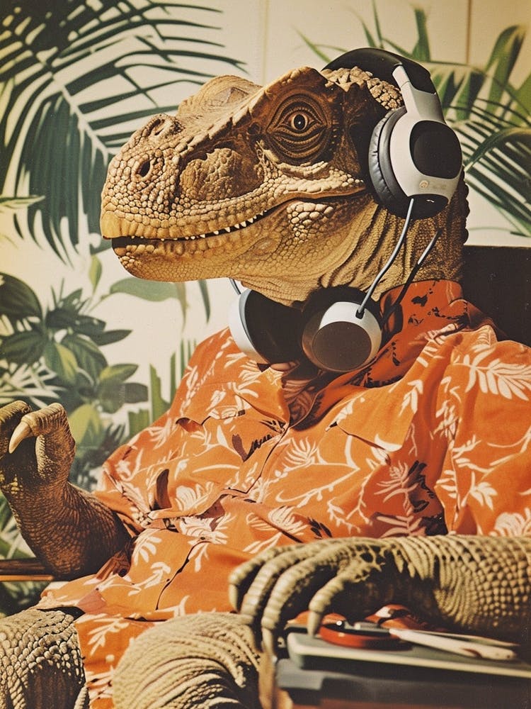 Retro Collage Dinosaur Listening To Music With Headphones 1