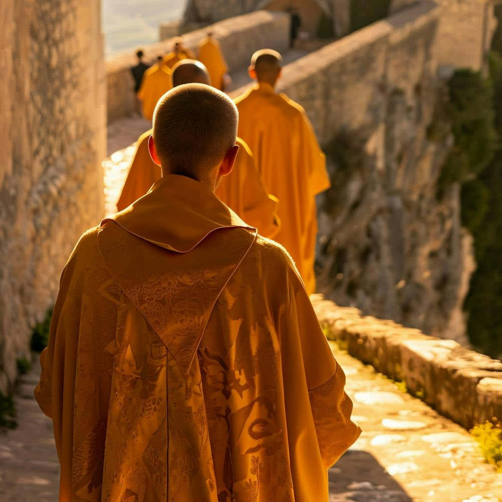 Monks Walking Down A Stone Path