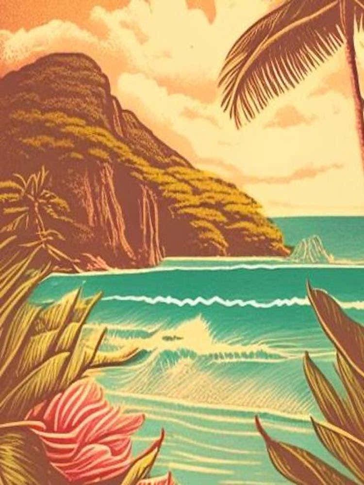 Kauai Hawaii Vintage Sketch Tropical Destination