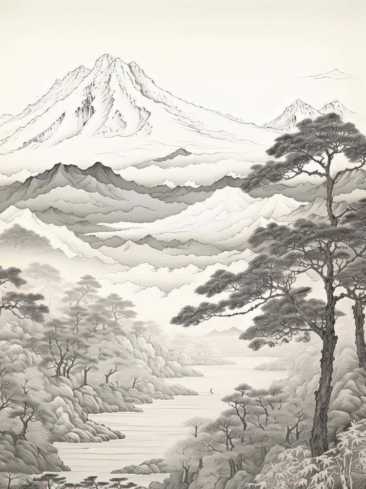 Chugoku Mountains In Multiple Prefectures, Ukiyo E Black And White Line Art Drawing 4