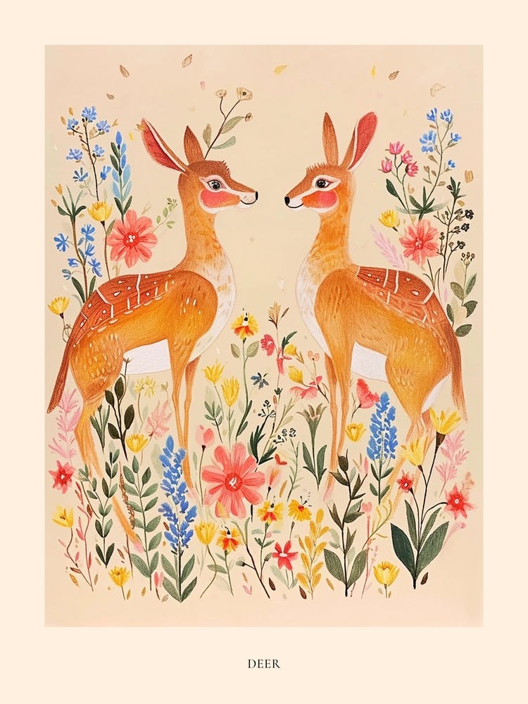 Folksy Floral Animal Drawing Deer 3 Poster