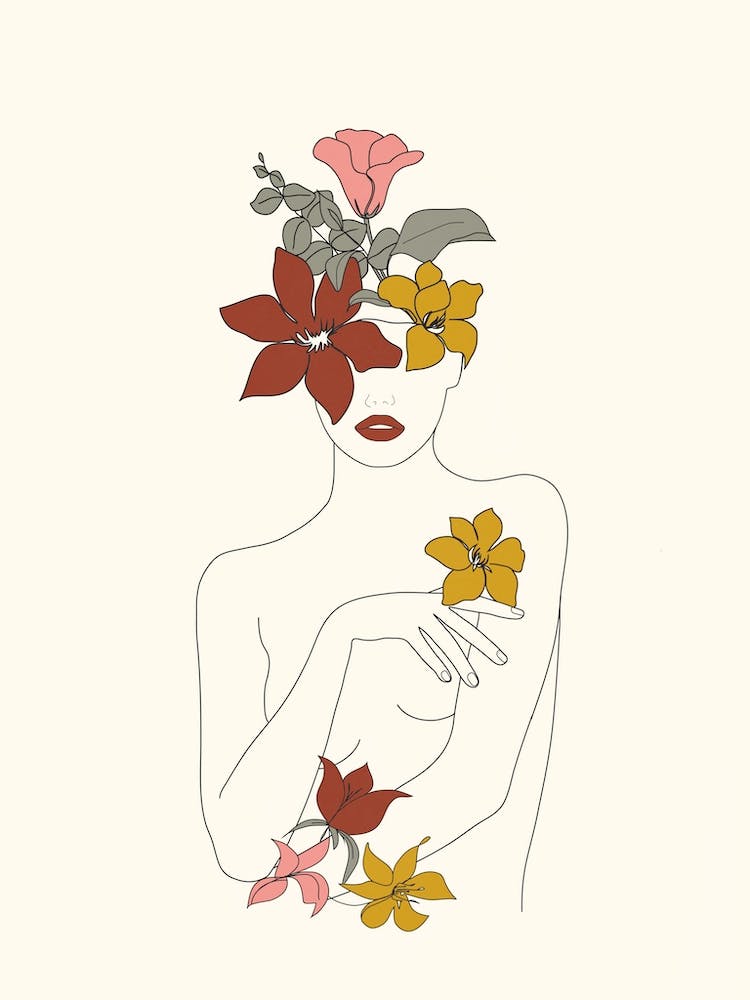 Colorful Thoughts Minimal Line Art Woman With Flowers IV