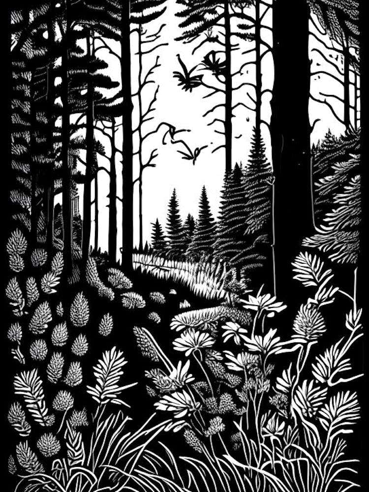 Running Pine Wildflower Linocut