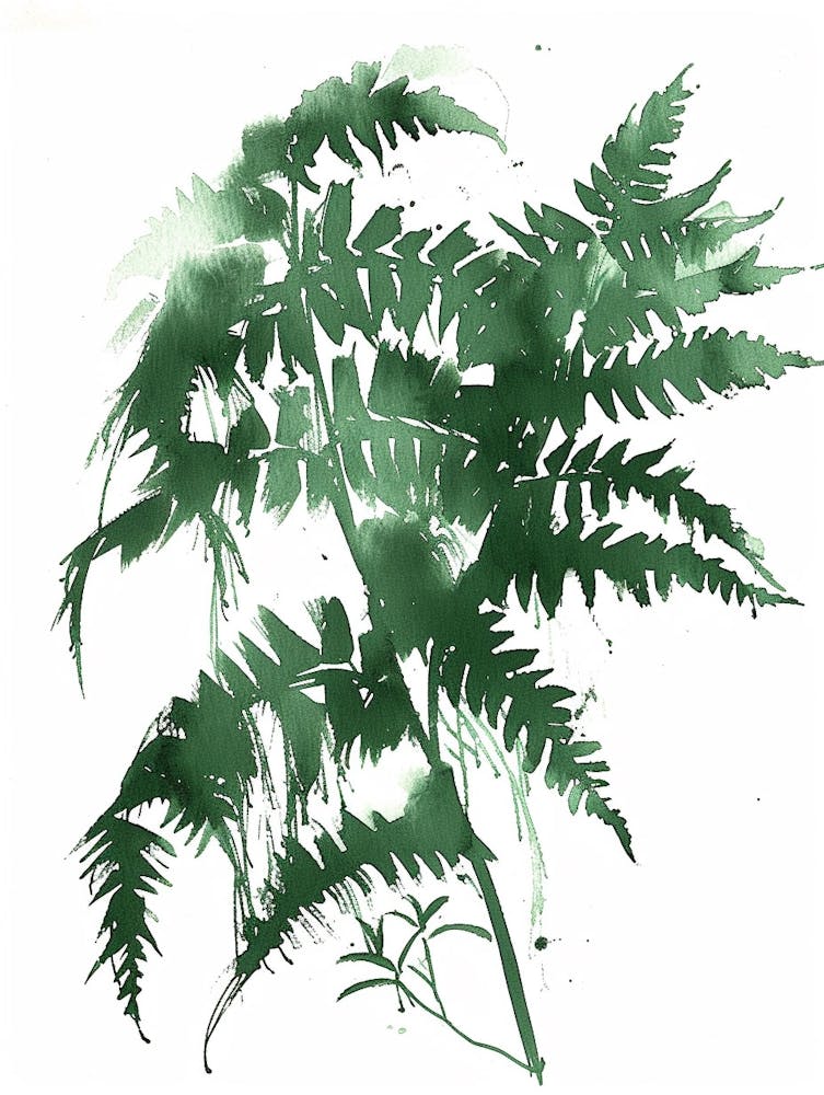 Green Ink Painting Of A Japanese Tassel Fern 1