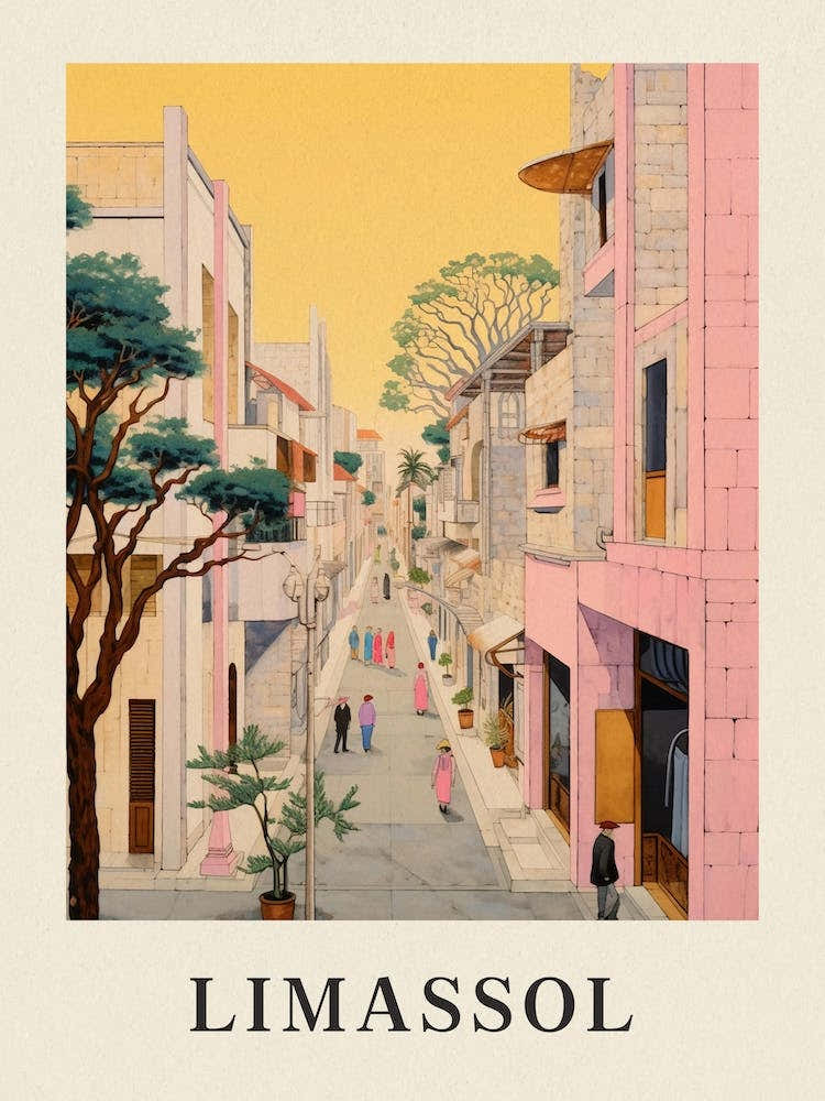 Limassol Cyprus 1 Vintage Pink Travel Illustration Poster