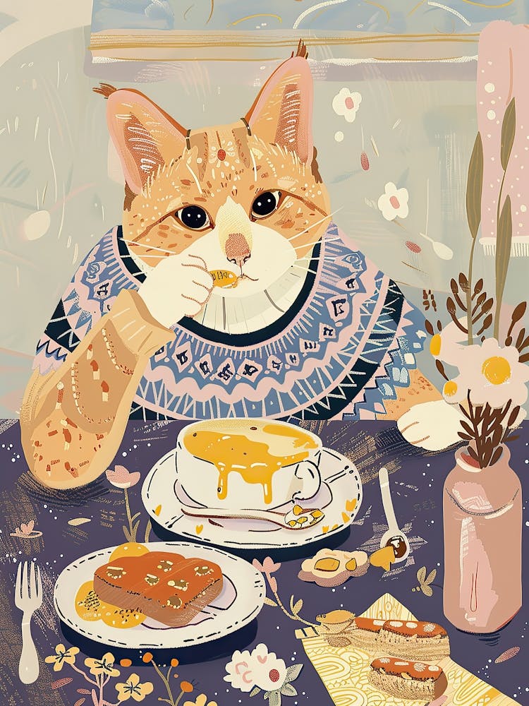 Tan Cat Having Breakfast Folk Illustration 4