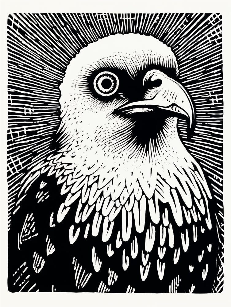 B&W Bird Linocut Crested Caracara 1