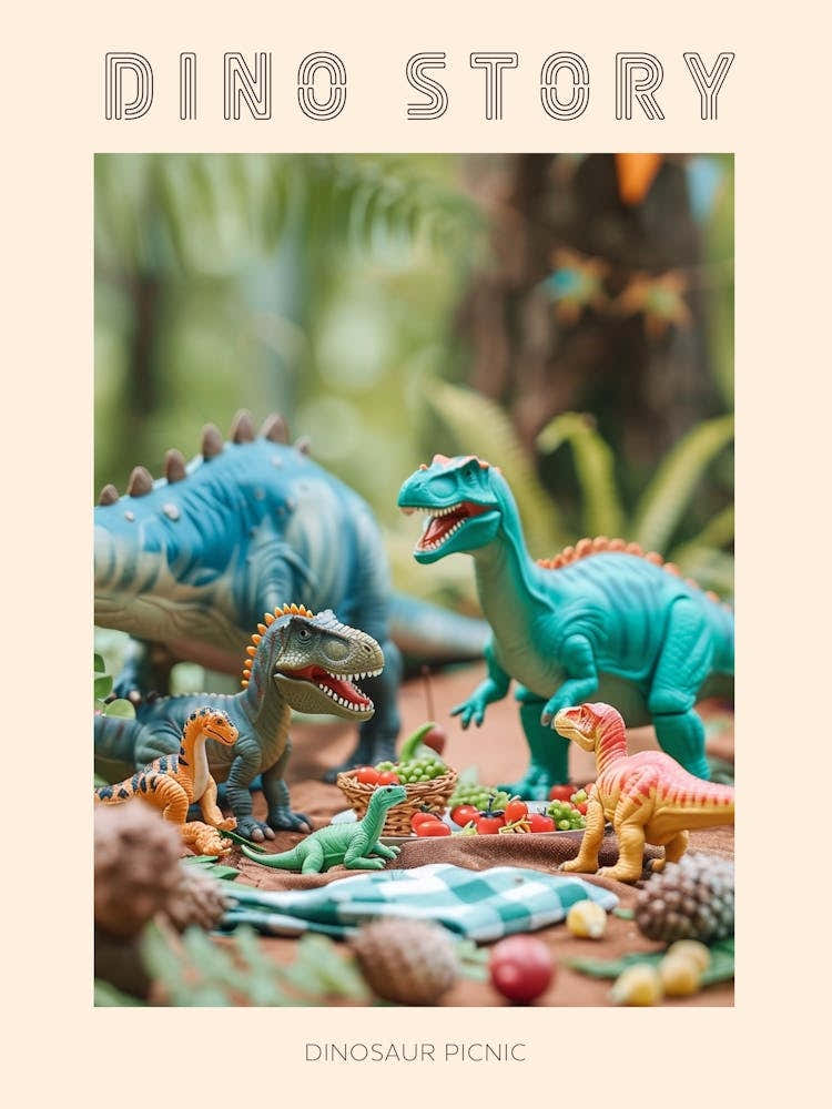 Toy Dinosaur Picnic In The Forest Poster