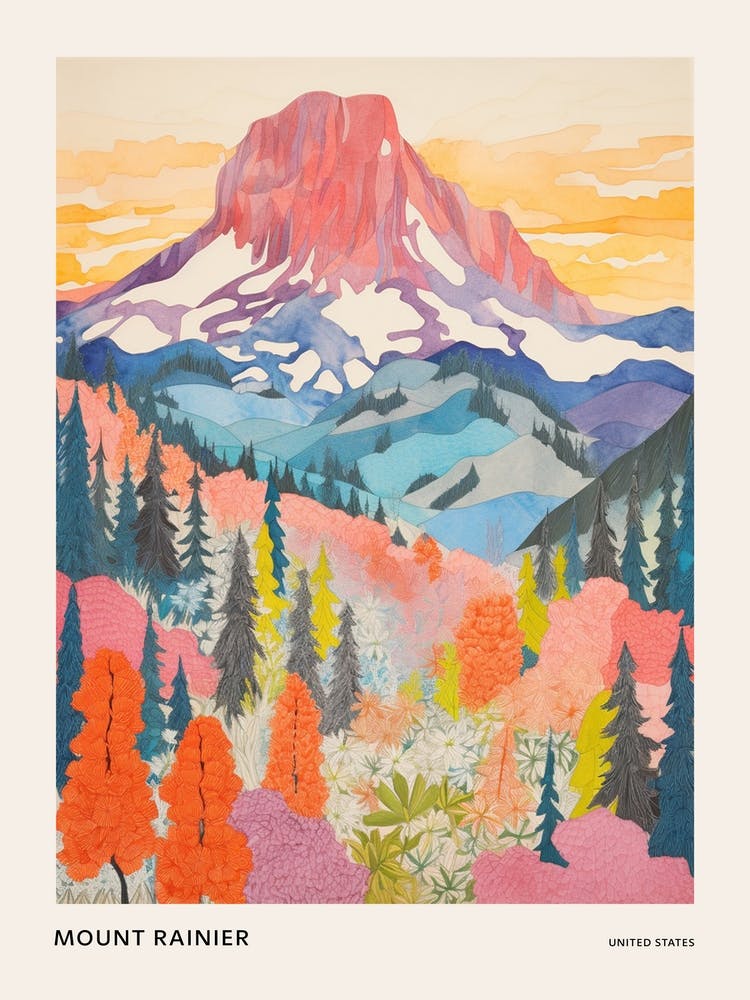 Mount Rainier United States 1 Colourful Mountain Illustration Poster