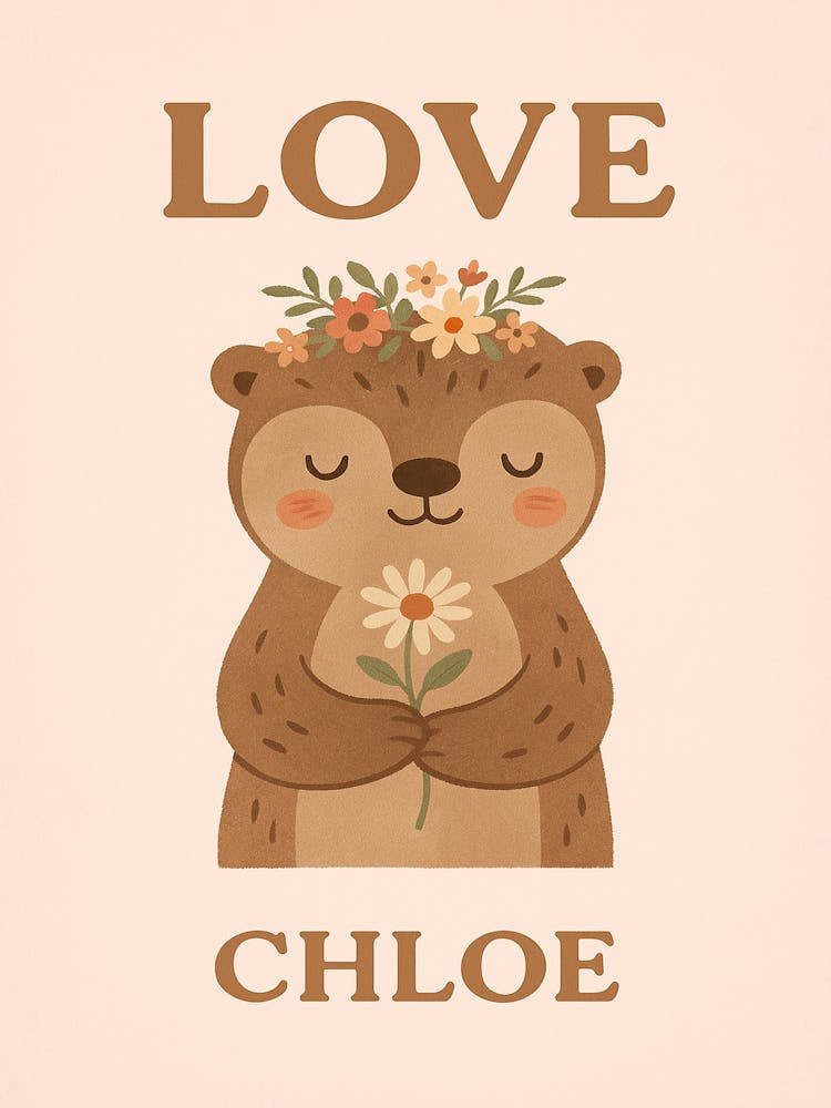 Personalized Bear Wall Art - LOVE Poster with Name for Baby Girl Nursery