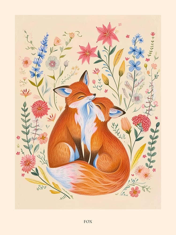 Folksy Floral Animal Drawing Fox 2 Poster