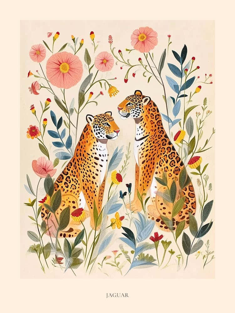Folksy Floral Animal Drawing Jaguar 4 Poster