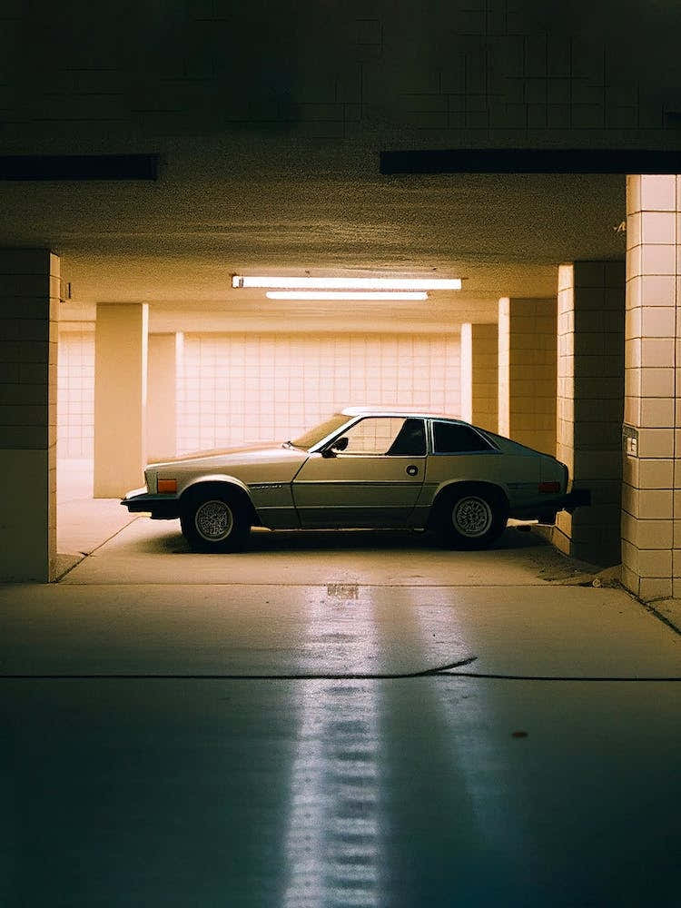 Silver Retro Car In A Parking Garage