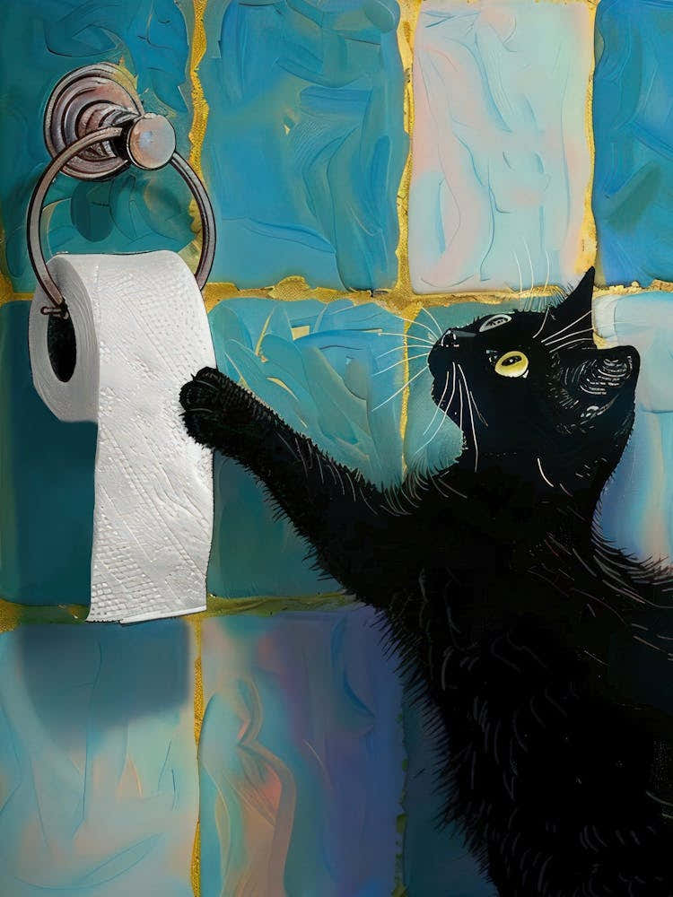 Bathroom Black Cat With Toilet Paper Print Funny