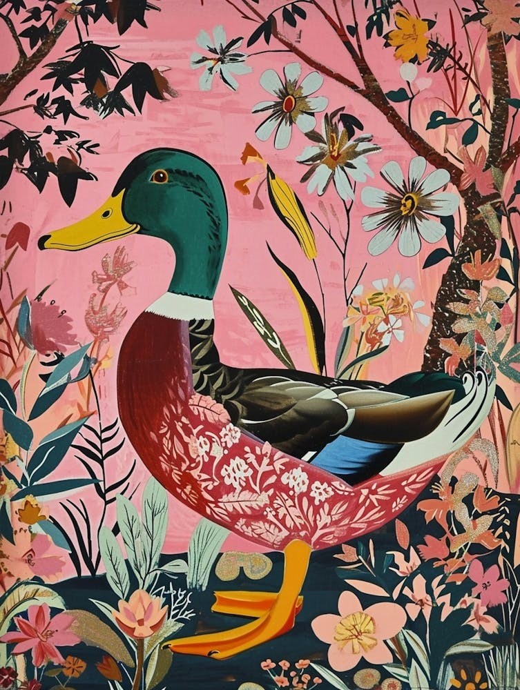 Floral Animal Painting Mallard Duck 3